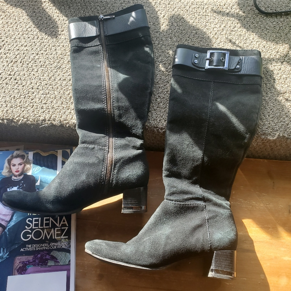 Tory Burch suede riding boot block heel with zipper and silver embellishments